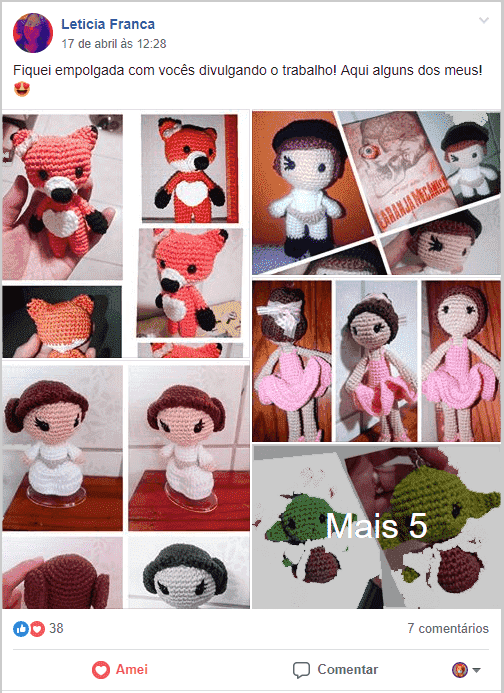Diversos exemplos de amigurumi como bailarina, peixe, ursinho, etcetera